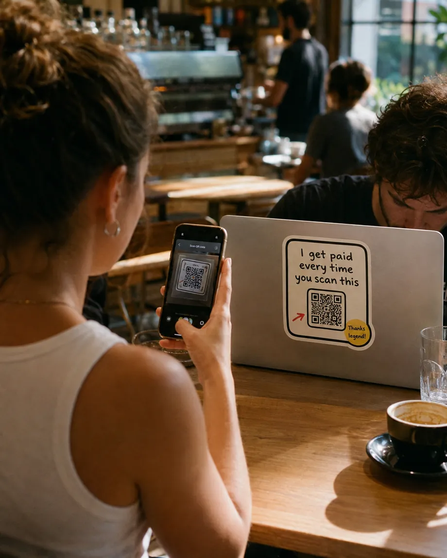 A Lidquid sticker on the back of a laptop in a café — a stranger scanning its QR code with their phone.