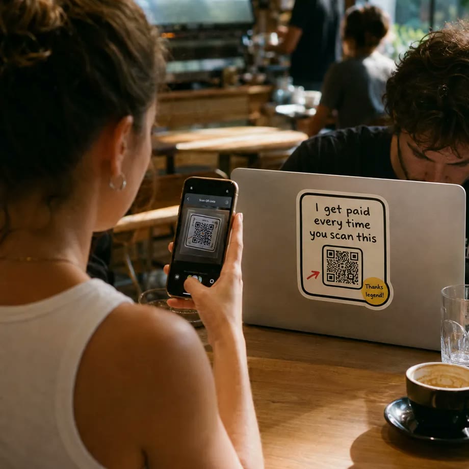 A Lidquid sticker on the back of a laptop in a café — a stranger scanning its QR code with their phone.