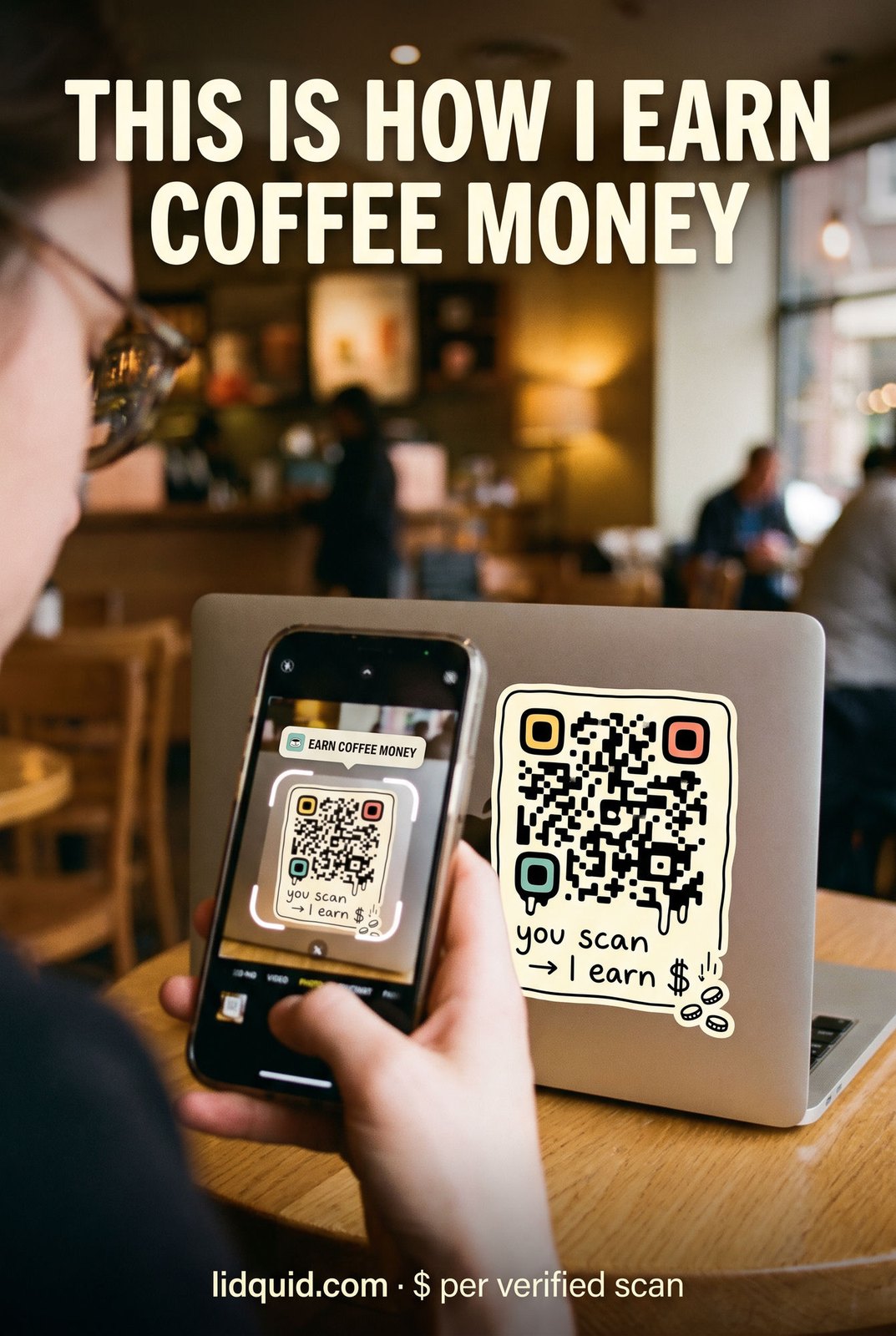 This is how I earn coffee money — a phone scanning the Lidquid QR sticker on a laptop lid in a café.